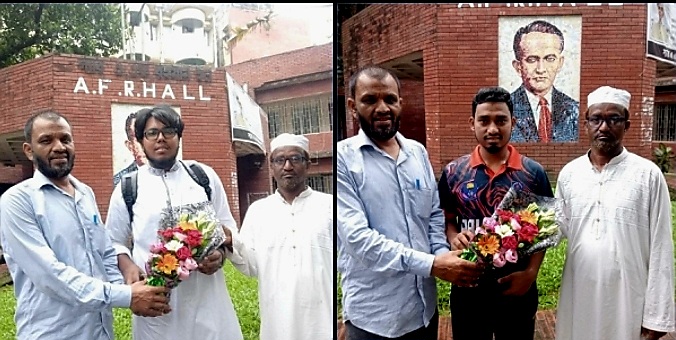 ডাকসু নির্বাচিত সমাজকল্যাণ সম্পাদক ও স্যার এএফ আর হলের এজিএসকে ফুলেল শুভেচ্ছা জানালেন তার পিতা ও শিক্ষক